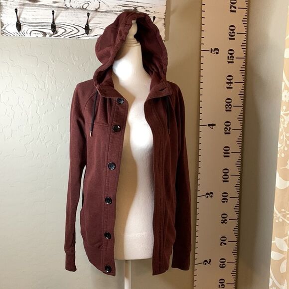 H&M button front hoodie type jacket. Two front pockets distressed at elbows - Picture 3 of 16